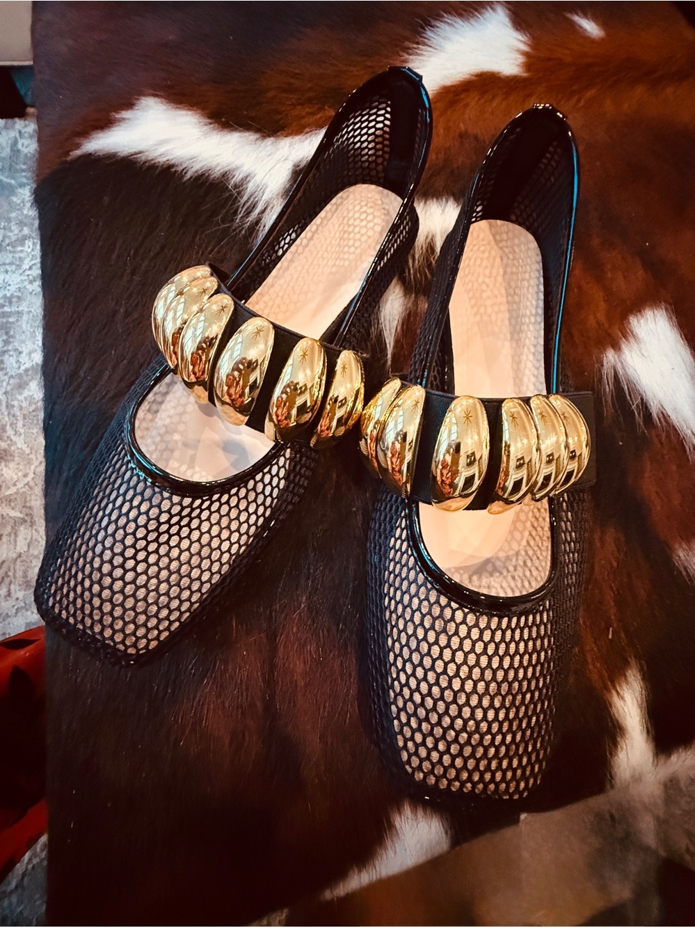 BLACK MESH BALLET FLAT - GOLD METAL BAND - SZ 9.5/41 NEW - Picture 3 of 8